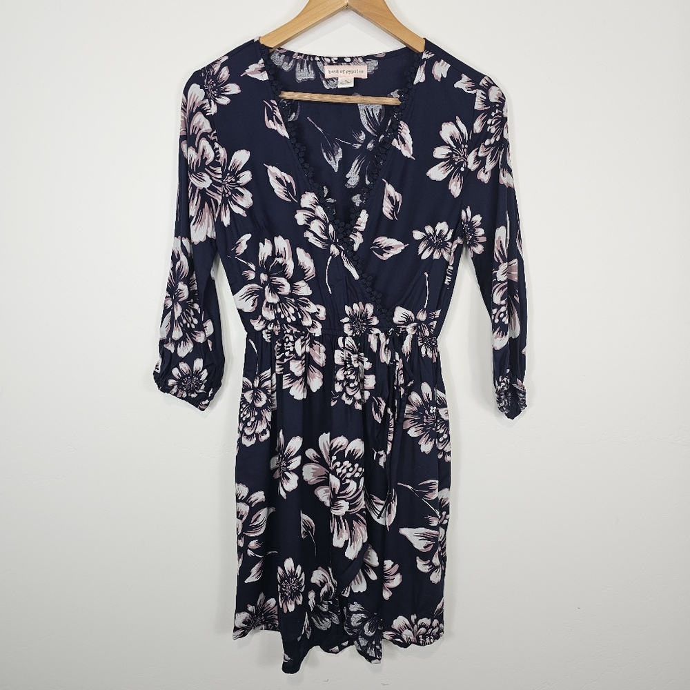 Band of Gypsies Navy Blue Floral Faux Wrap Tulip Hem Dress XS